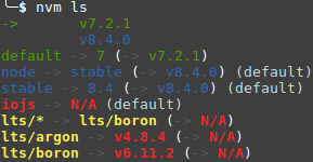 Image showing the output of the command 'nvm ls' on a system that has two versions (7.2.1 and 8.4.0) of NodeJS installed.